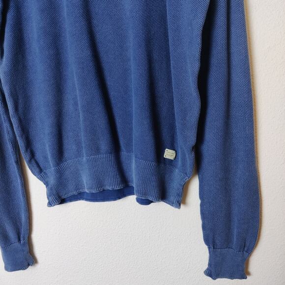 Color Siete Men's Textured Cotton V Neck Sweater Elbow Patches Blue Small - Picture 6 of 13